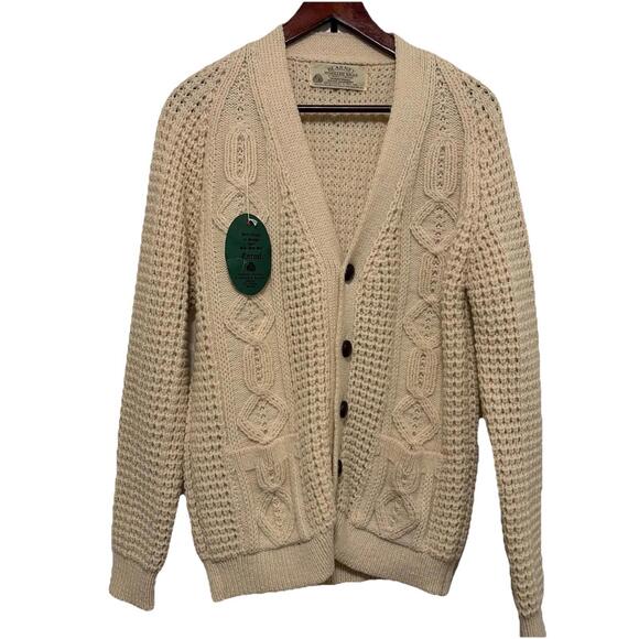New Blarney Woolen Mills Daire V Neck Aran Irish Knit Cardigan Mens Sz 42 Small